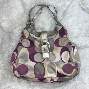 Coach Op Art Scarf Print Signature Shoulder Bag with Purple and Silver Detail